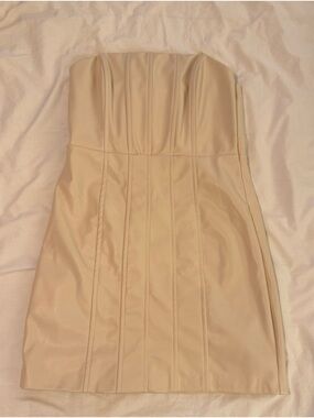 DO+BE Strapless Cream Faux Leather Mini Dress with Structured Seams
